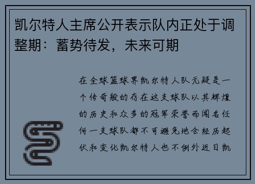 凯尔特人主席公开表示队内正处于调整期：蓄势待发，未来可期